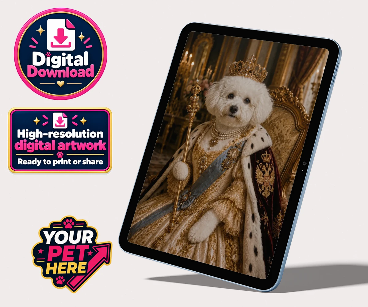 Personalised The Imperial Paw Queen dog personalised digital downloads featuring a delightful tribute to your furry royalty