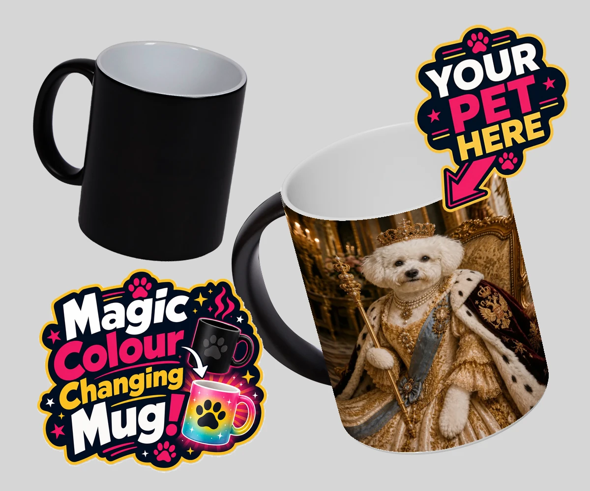 Personalised The Imperial Paw Queen dog magic photo mugs featuring a delightful tribute to your furry royalty