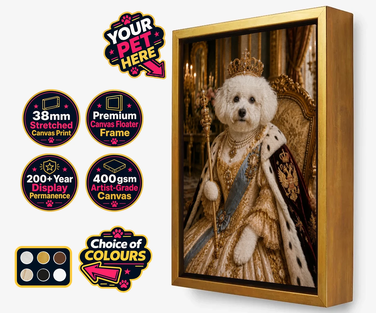 Personalised The Imperial Paw Queen dog framed canvas print featuring a delightful tribute to your furry royalty