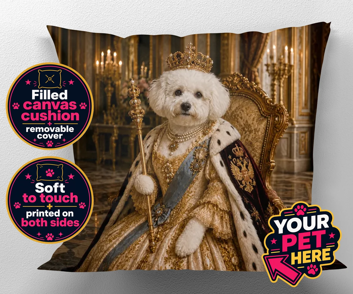 Personalised The Imperial Paw Queen dog canvas cushions featuring a delightful tribute to your furry royalty