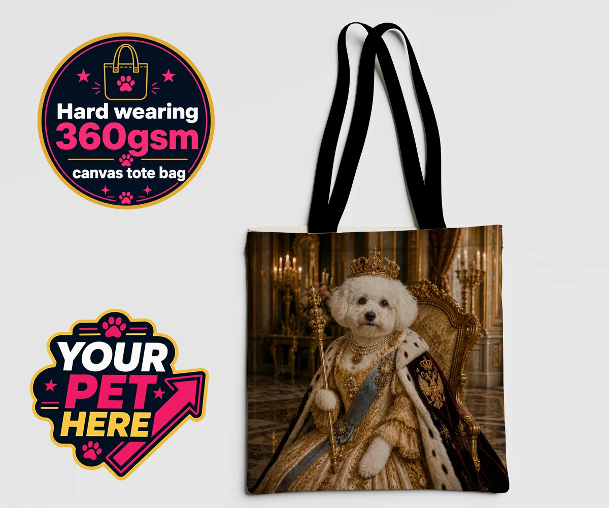 Personalised The Imperial Paw Queen dog canvas tote bags featuring a delightful tribute to your furry royalty