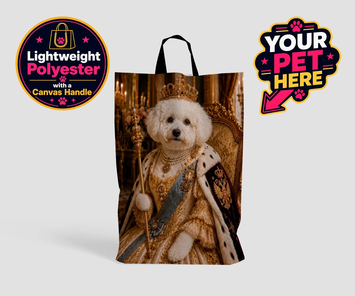 Personalised The Imperial Paw Queen dog shopping bags featuring a delightful tribute to your furry royalty