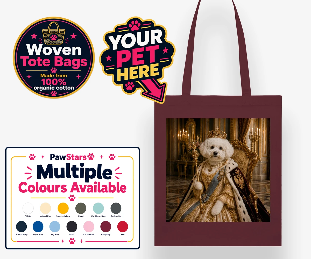 Personalised The Imperial Paw Queen dog woven tote bags featuring a delightful tribute to your furry royalty