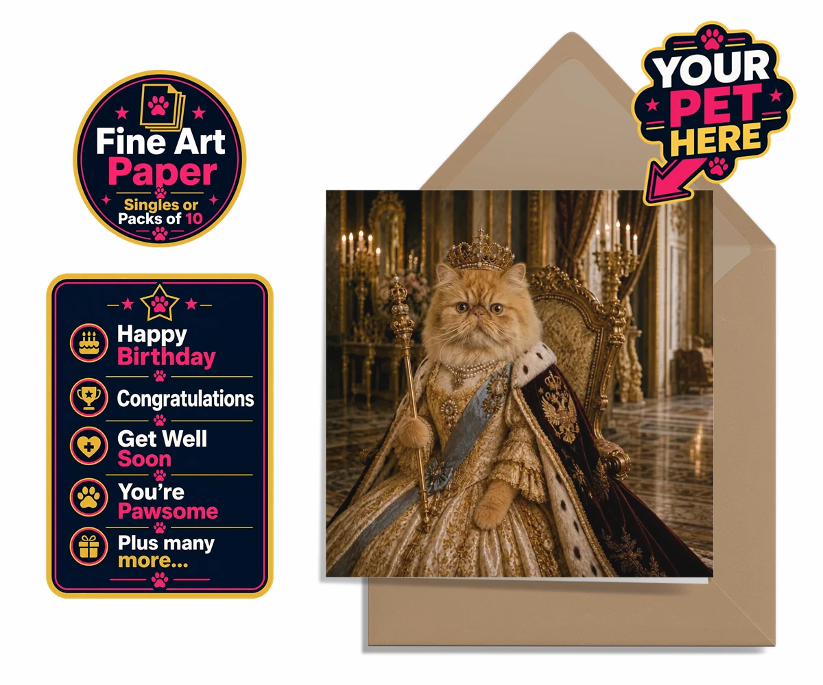 Personalised The Imperial Paw Queen cat premium greetings cards featuring presenting The Imperial Paw Queen, a delightful fusion of royal elegan