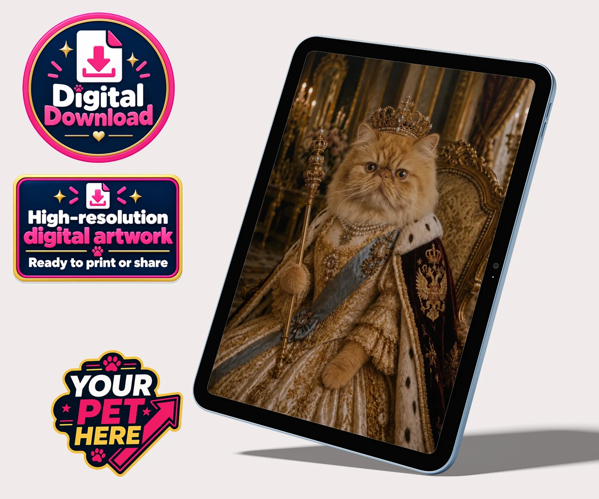 Personalised The Imperial Paw Queen cat personalised digital downloads featuring presenting The Imperial Paw Queen, a delightful fusion of royal elegan