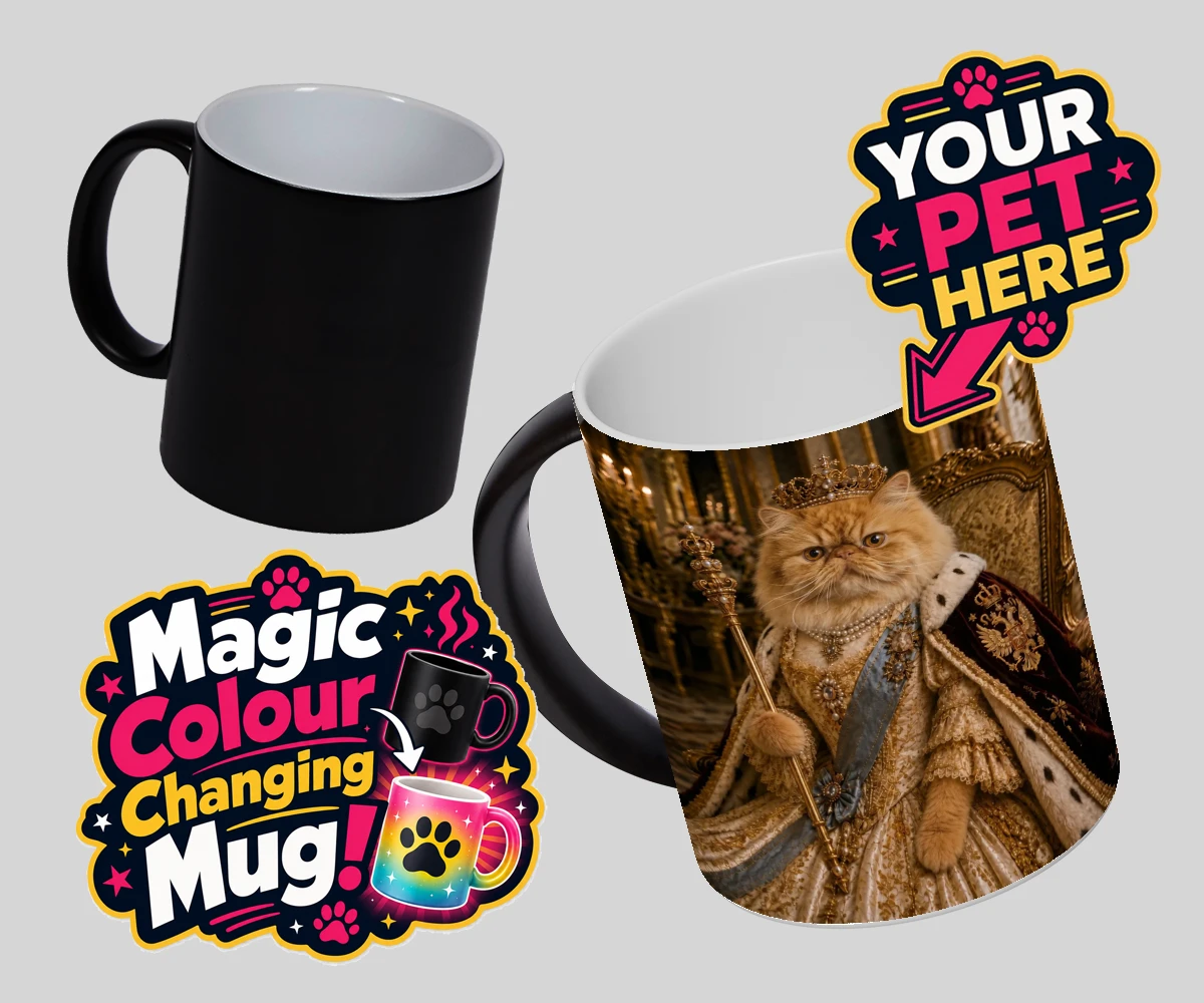 Personalised The Imperial Paw Queen cat magic photo mugs featuring presenting The Imperial Paw Queen, a delightful fusion of royal elegan