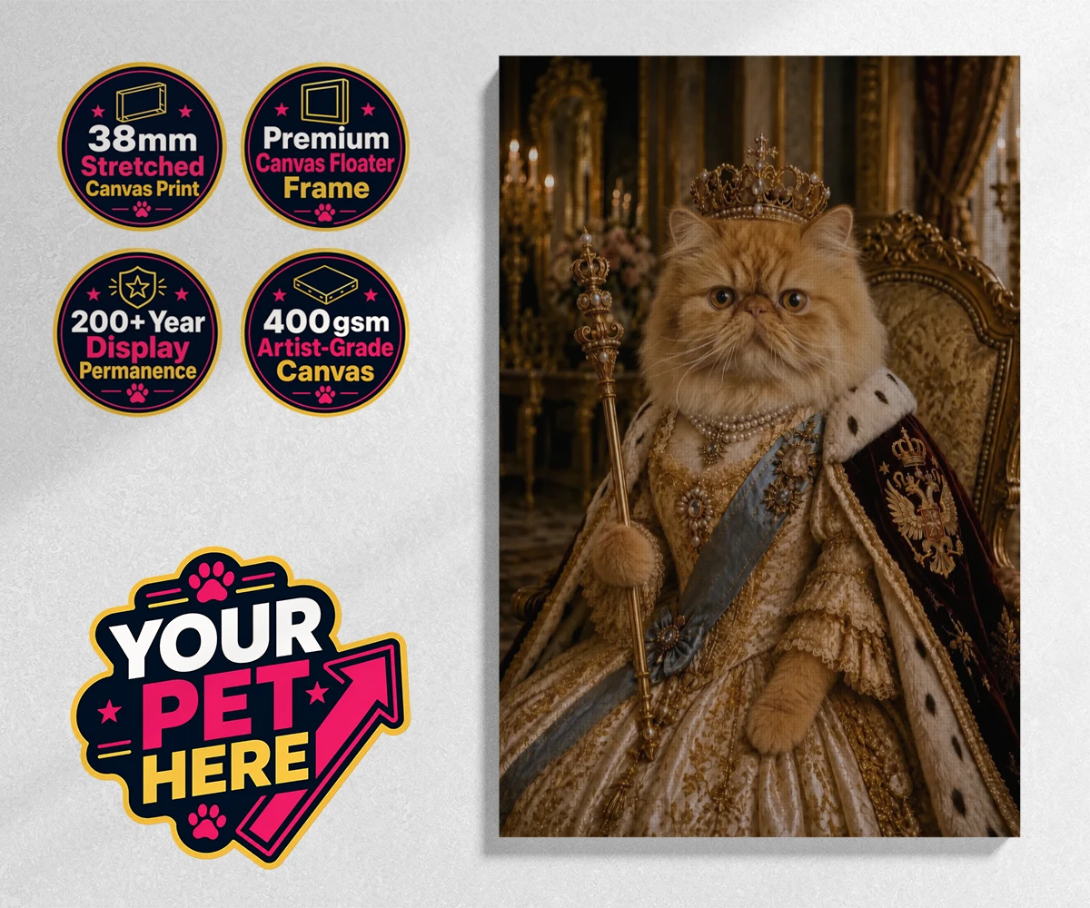 Personalised The Imperial Paw Queen cat stretched canvas print featuring presenting The Imperial Paw Queen, a delightful fusion of royal elegan