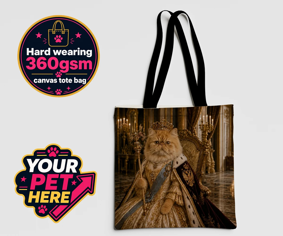 Personalised The Imperial Paw Queen cat canvas tote bags featuring presenting The Imperial Paw Queen, a delightful fusion of royal elegan