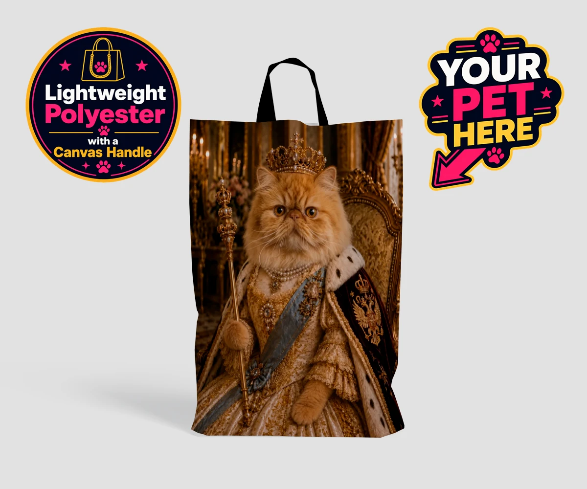 Personalised The Imperial Paw Queen cat shopping bags featuring presenting The Imperial Paw Queen, a delightful fusion of royal elegan