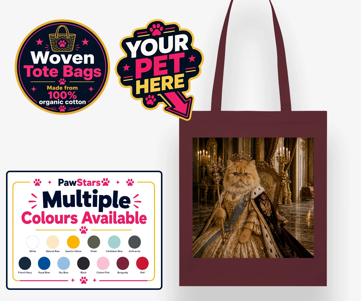 Personalised The Imperial Paw Queen cat woven tote bags featuring presenting The Imperial Paw Queen, a delightful fusion of royal elegan