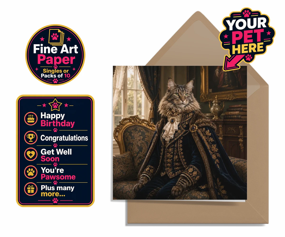 Personalised Paw Duke cat premium greetings cards featuring meet Paw Duke, the dapper feline aristocrat, capturing hearts with his