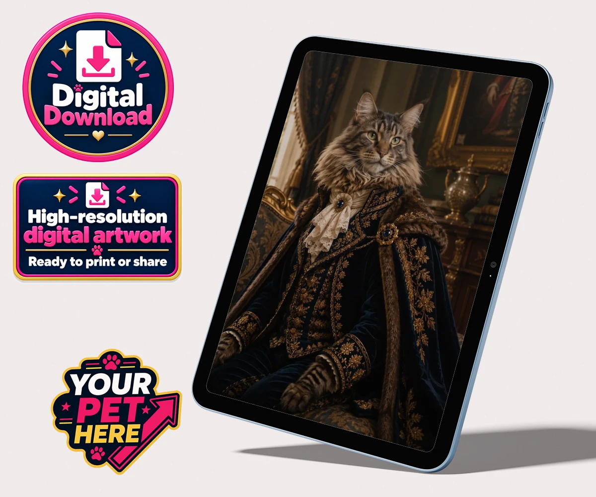 Personalised digital portrait of Paw Duke, a cat in a blue velvet coat and lace cravat