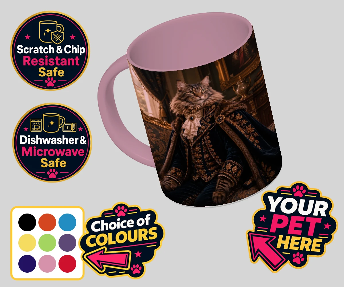 Personalised Paw Duke cat coloured photo mugs featuring meet Paw Duke, the dapper feline aristocrat, capturing hearts with his