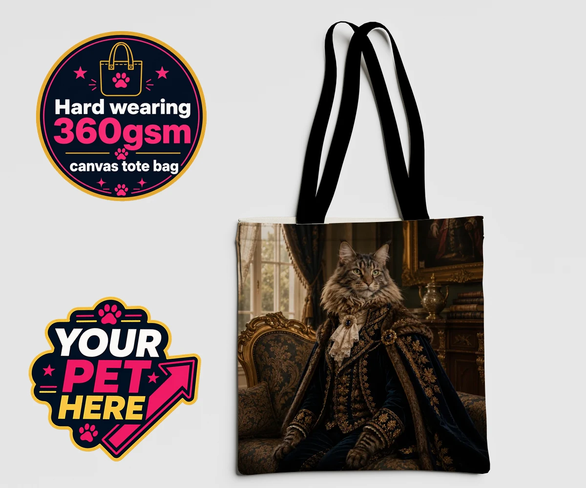 Personalised Paw Duke cat canvas tote bags featuring meet Paw Duke, the dapper feline aristocrat, capturing hearts with his