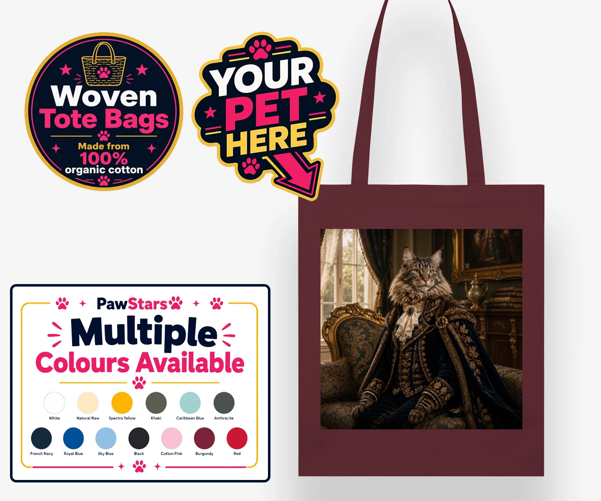 Personalised Paw Duke cat woven tote bags featuring meet Paw Duke, the dapper feline aristocrat, capturing hearts with his