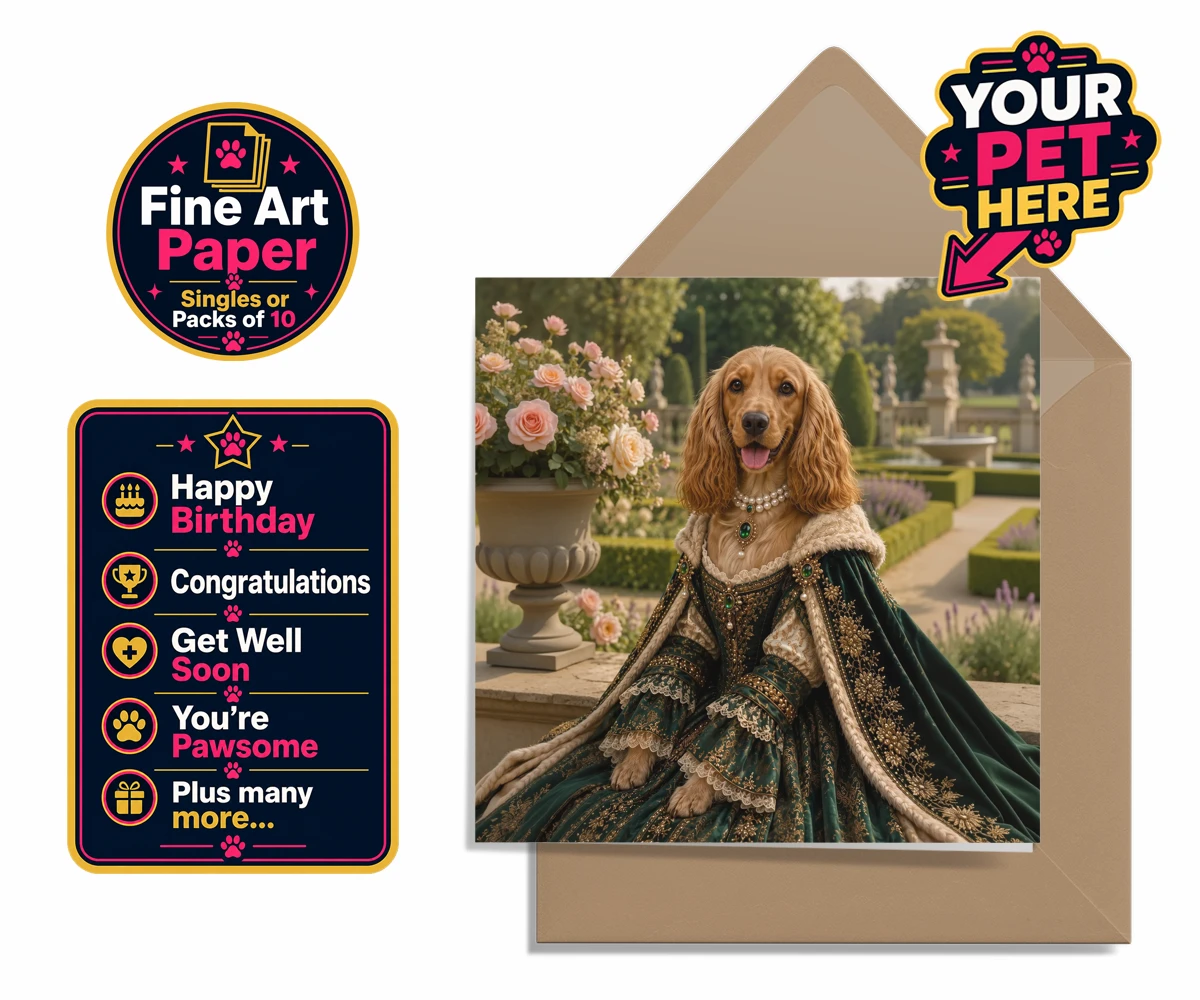 Personalised Paw Duchess dog premium greetings cards featuring a splendidly regal dog portrait that transports your beloved pet to a