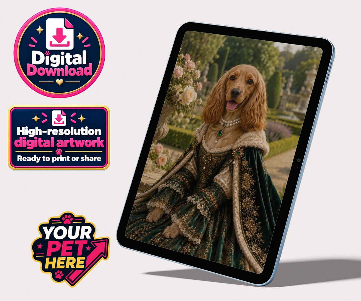 Personalised digital portrait of Paw Duchess, a dog in a luxurious gown, set in a landscaped garden.