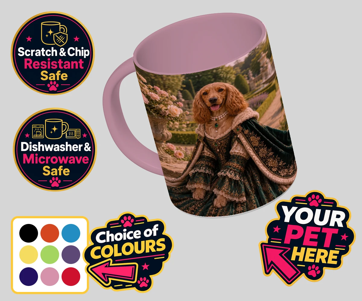 Personalised Paw Duchess dog coloured photo mugs featuring a splendidly regal dog portrait that transports your beloved pet to a