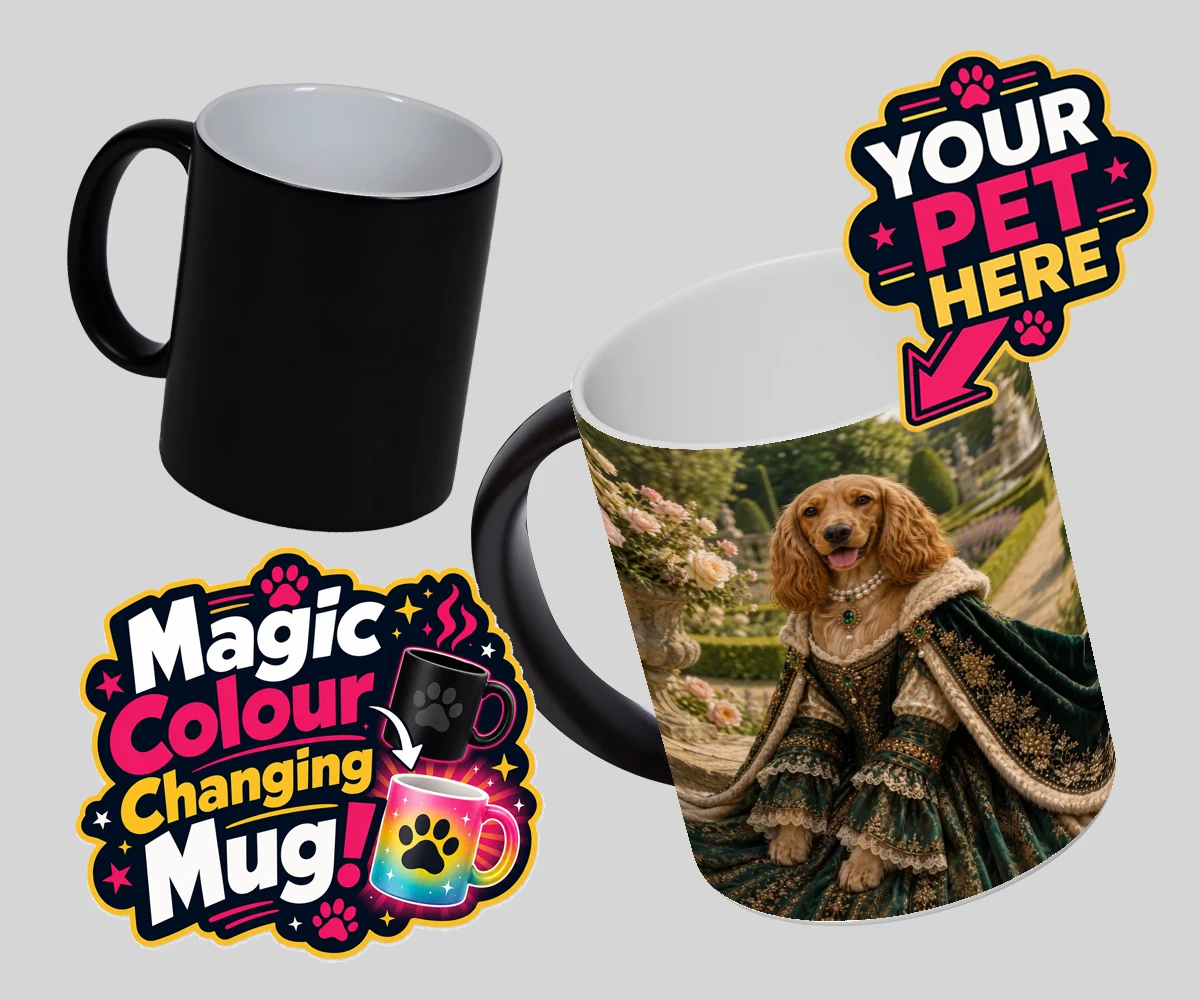 Personalised Paw Duchess dog magic photo mugs featuring a splendidly regal dog portrait that transports your beloved pet to a