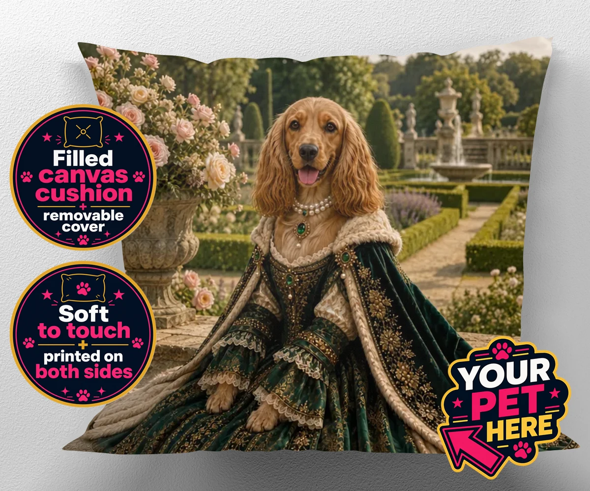 Personalised Paw Duchess dog canvas cushions featuring a splendidly regal dog portrait that transports your beloved pet to a