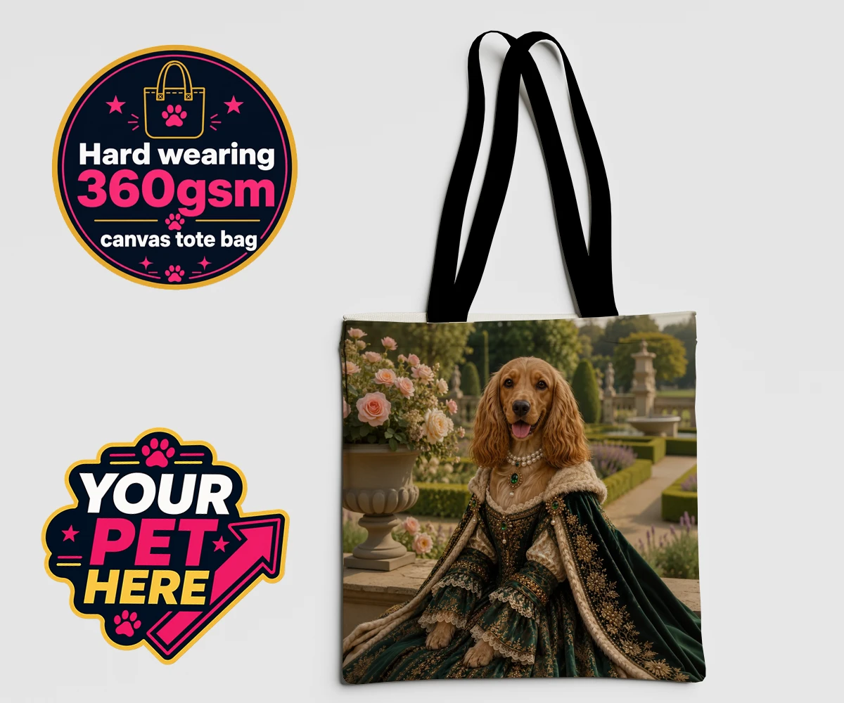 Personalised Paw Duchess dog canvas tote bags featuring a splendidly regal dog portrait that transports your beloved pet to a