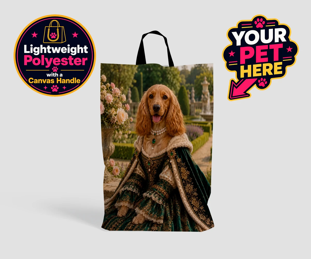 Personalised Paw Duchess dog shopping bags featuring a splendidly regal dog portrait that transports your beloved pet to a