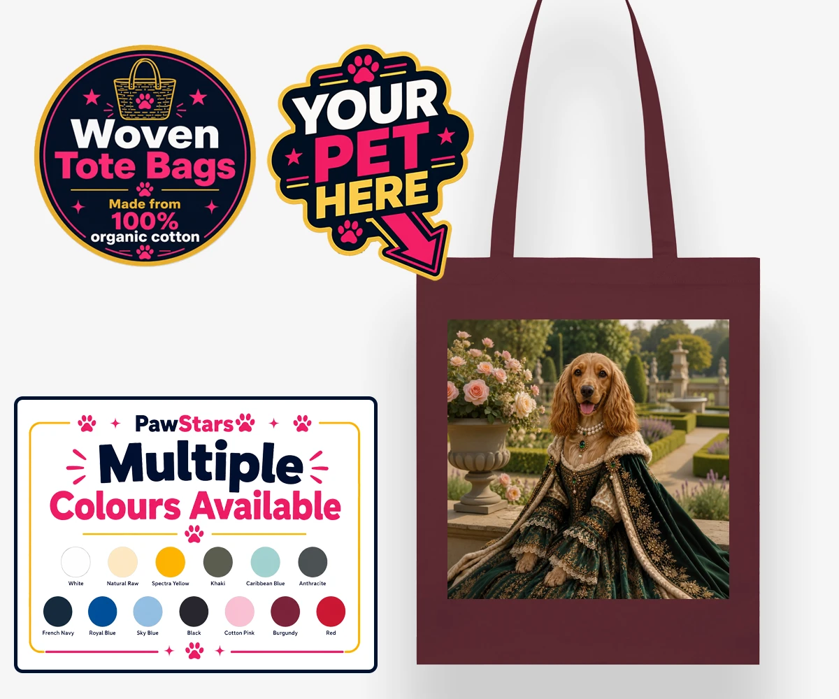 Personalised Paw Duchess dog woven tote bags featuring a splendidly regal dog portrait that transports your beloved pet to a