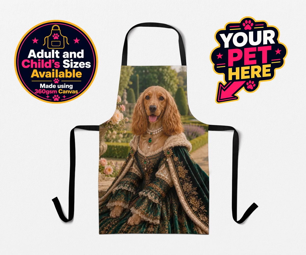Personalised Paw Duchess dog aprons featuring a splendidly regal dog portrait that transports your beloved pet to a