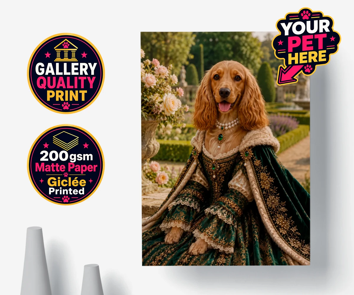 Personalised poster print of Paw Duchess, a dog in a regal gown, set in a landscaped garden
