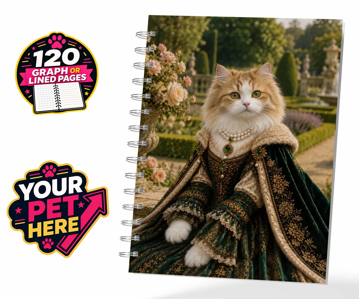 Personalised Paw Duchess cat spiral notebook featuring step into a world of regal charm with our Paw Duchess portrait, loving