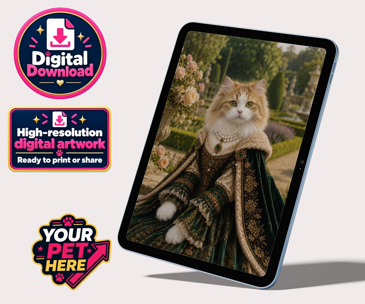 Personalised Paw Duchess cat digital portrait showcasing a cat in a vintage gown with jewels against a blooming garden backdrop.