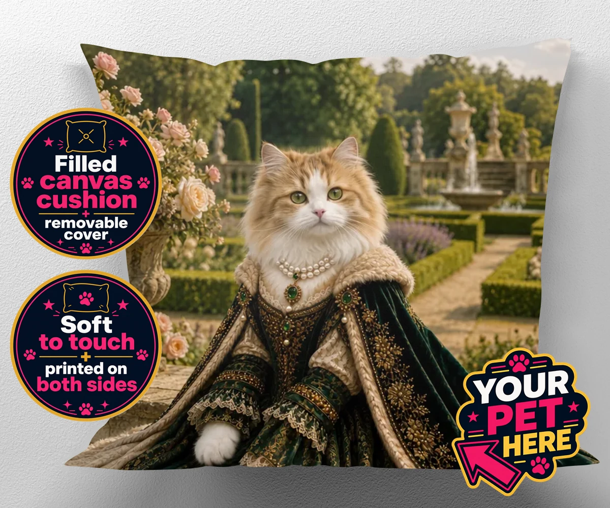 Personalised Paw Duchess cat canvas cushions featuring step into a world of regal charm with our Paw Duchess portrait, loving