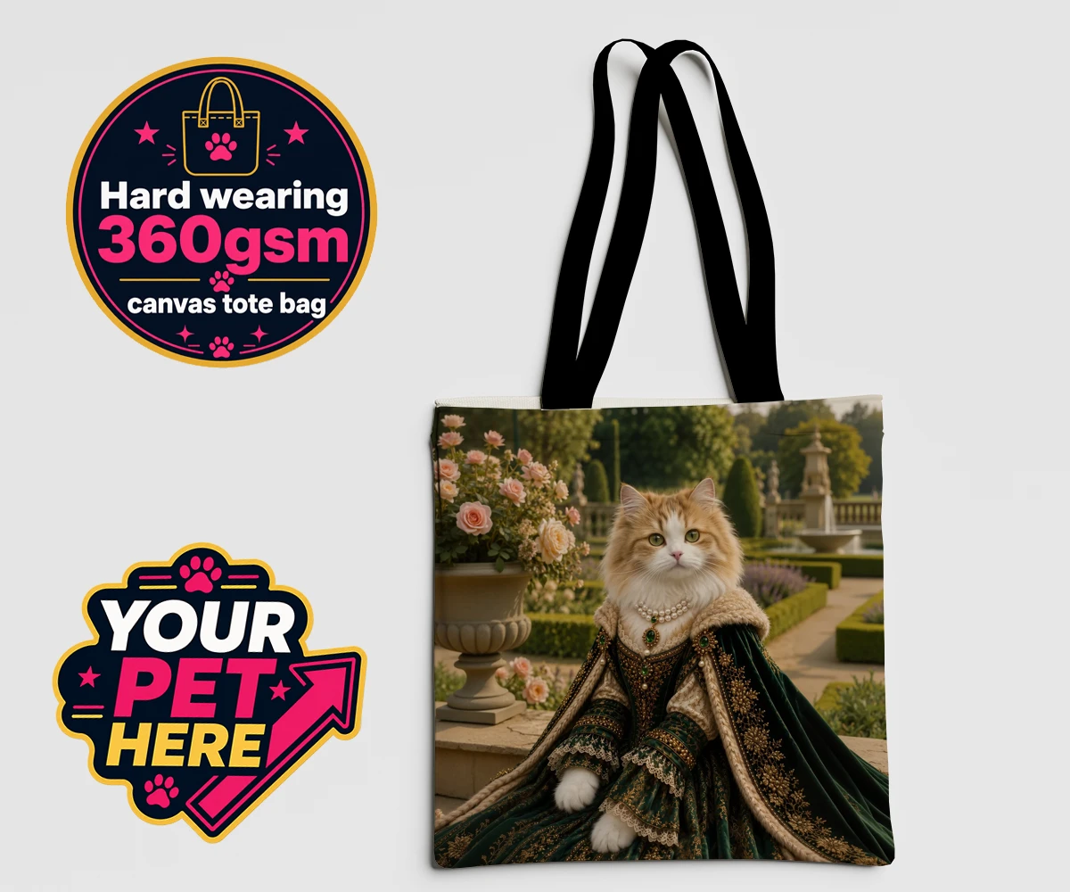 Personalised Paw Duchess cat canvas tote bags featuring step into a world of regal charm with our Paw Duchess portrait, loving