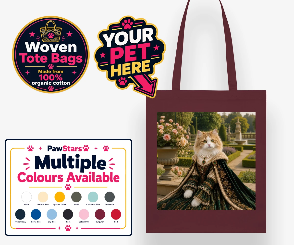 Personalised Paw Duchess cat woven tote bags featuring step into a world of regal charm with our Paw Duchess portrait, loving