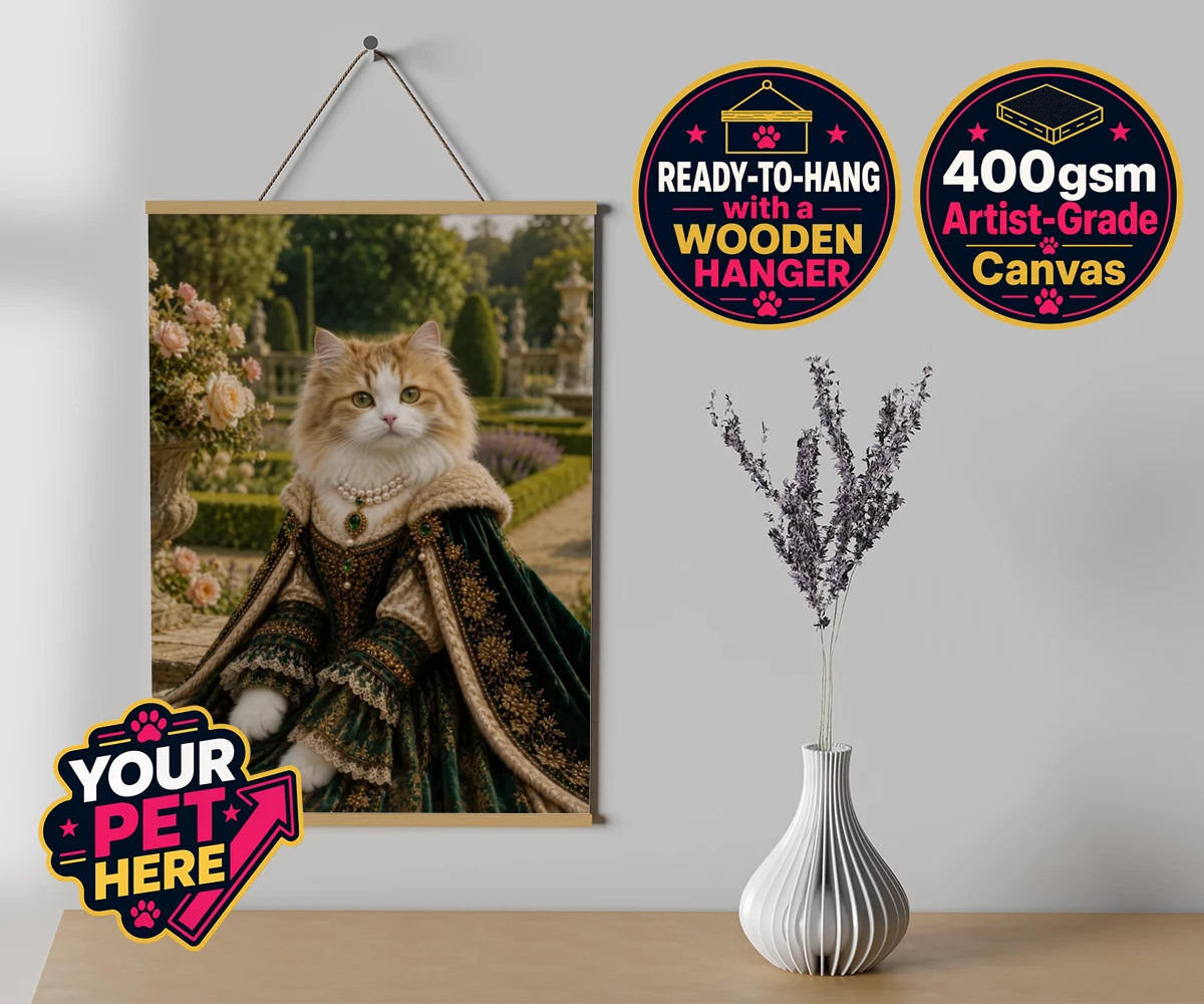 Personalised Paw Duchess cat canvas poster prints with hanger featuring step into a world of regal charm with our Paw Duchess portrait, loving